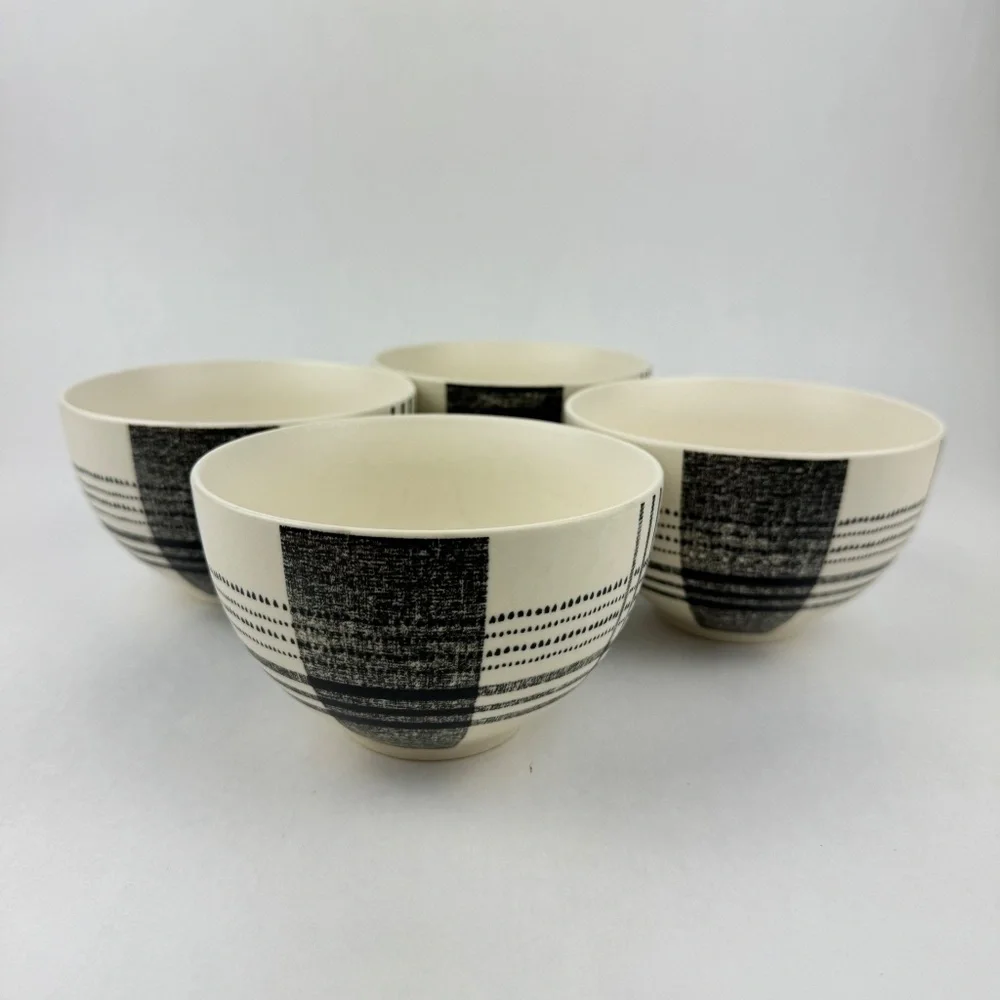 RARE West Elm Black Origin Plaid Salad Plate and Bowl Set Stoneware 8pcs Total